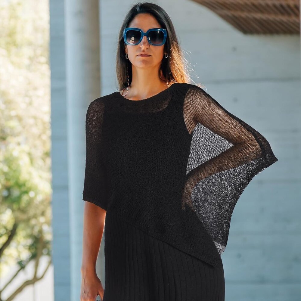 Women Sheer Poncho Lightweight Summer Blouse Top Asymmetrical Hem Fashion - Picture 4 of 6